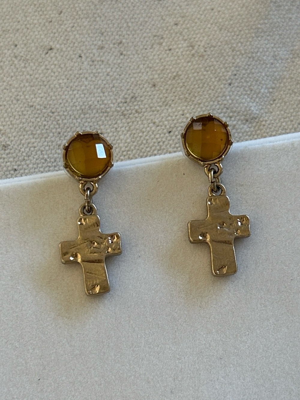 Yellow Stone and Gold Cross Drop Earrings